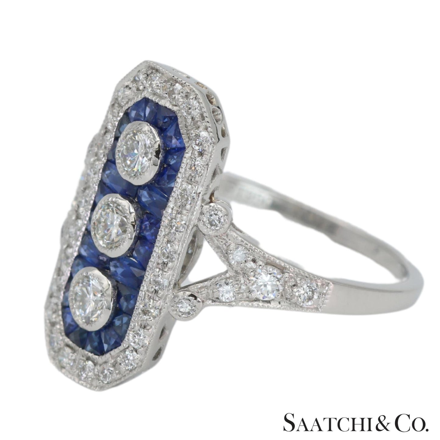 Platinum (950) Natural Diamond and Natural Sapphire Elegant Ring