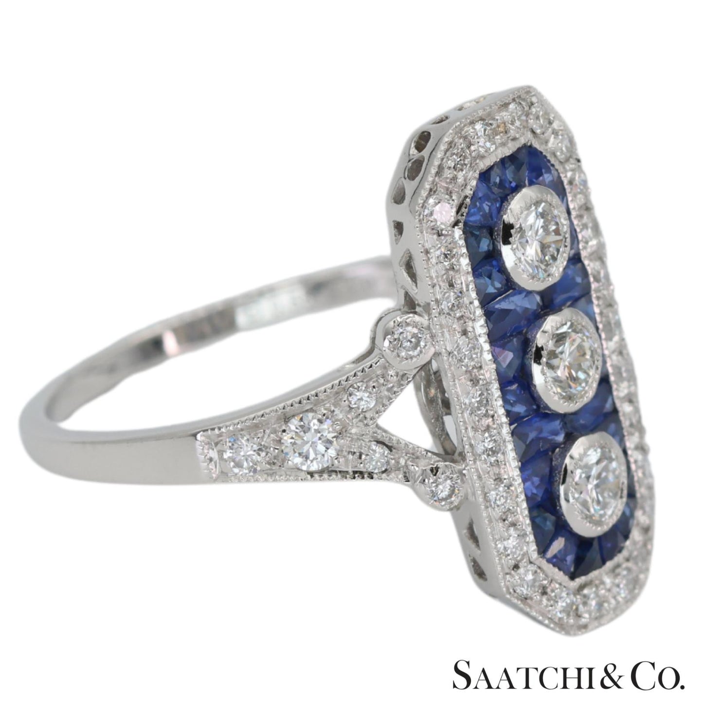 Platinum (950) Natural Diamond and Natural Sapphire Elegant Ring