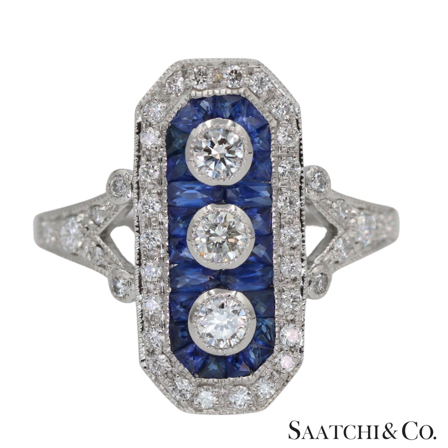 Platinum (950) Natural Diamond and Natural Sapphire Elegant Ring