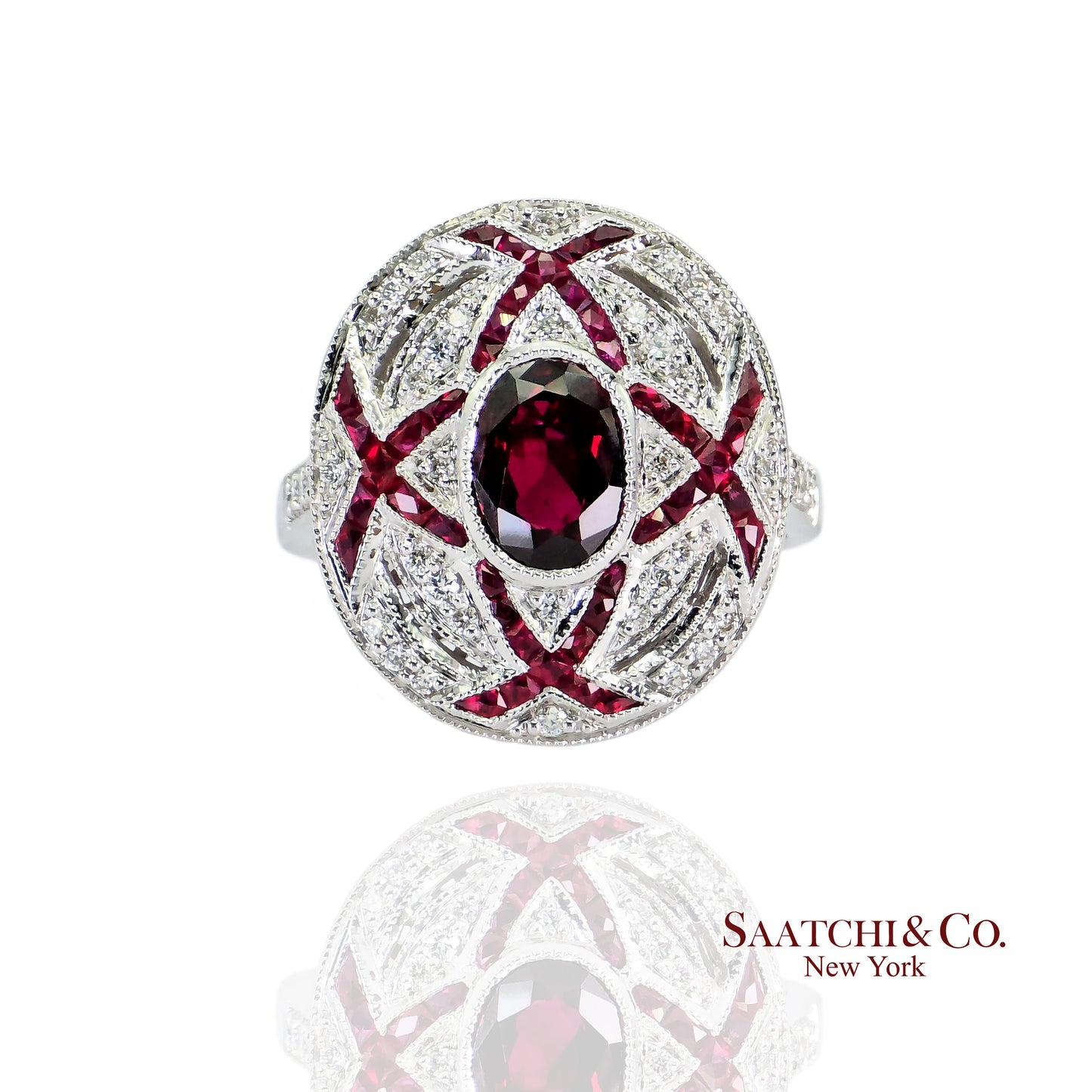 18K (750) White Gold Natural White VVS Diamond & Ruby Ring Size 7