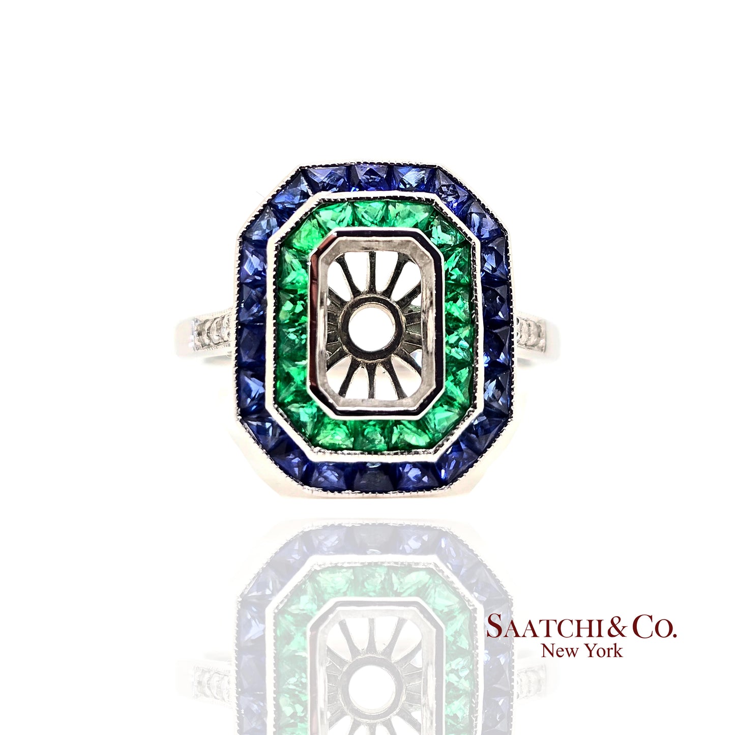 18K White Gold, Natural Diamond Emerald and Sapphire ring Mount, 4.3 Grams