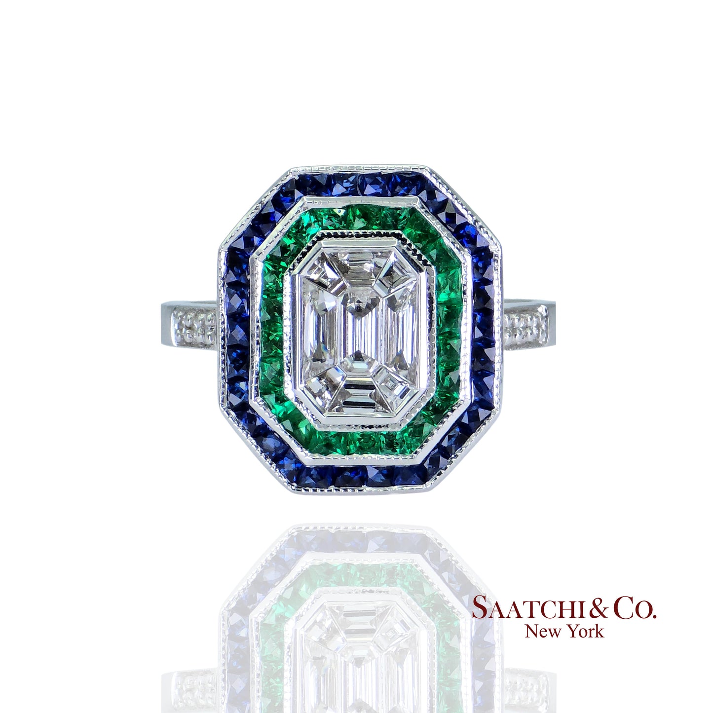 18K (750) Illusion Emerald Shape Natural Round VVS Diamond Sapphire Emerald Ring