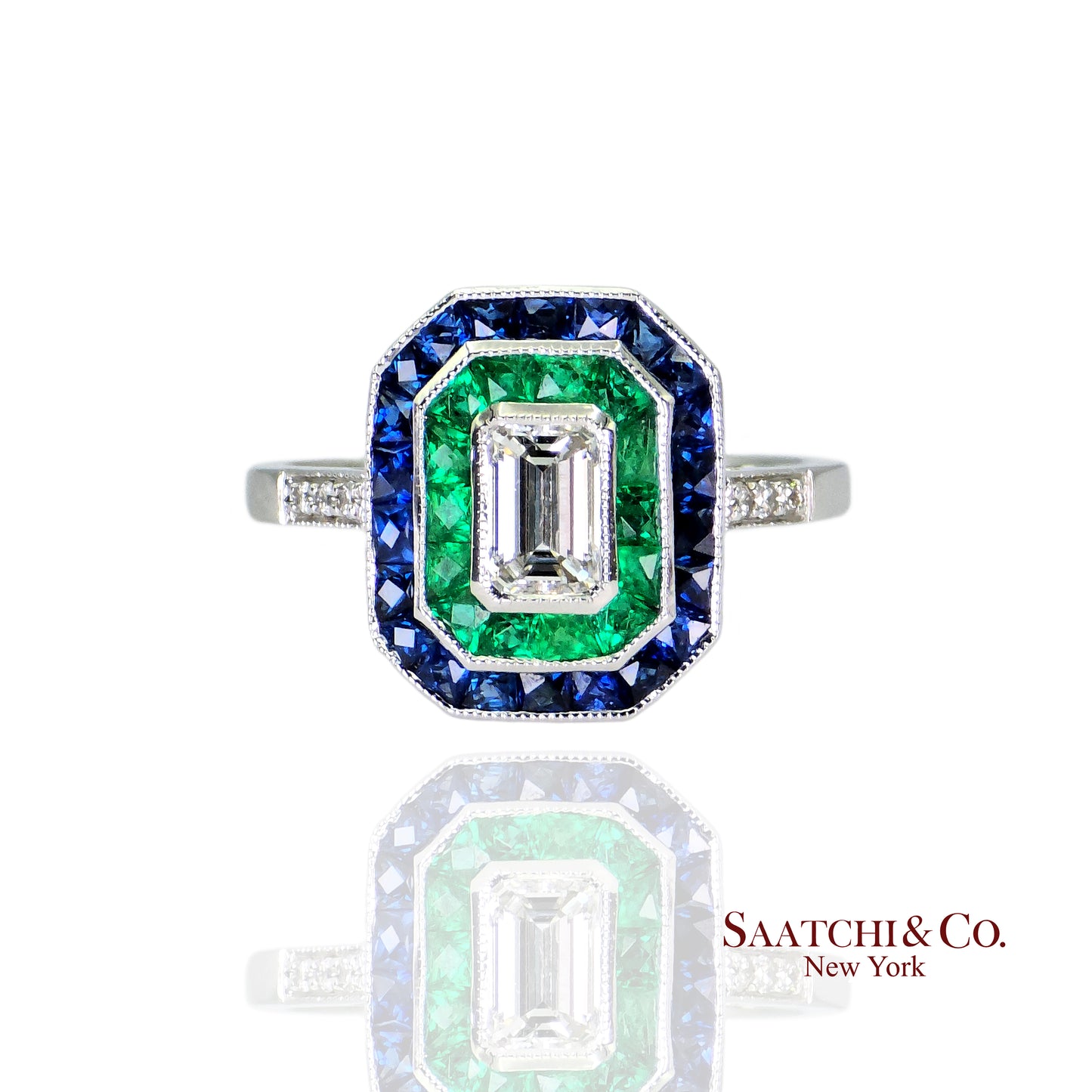 GIA - 18K (750) Emerald Shape Natural Round VVS Diamond Sapphire Emerald Ring
