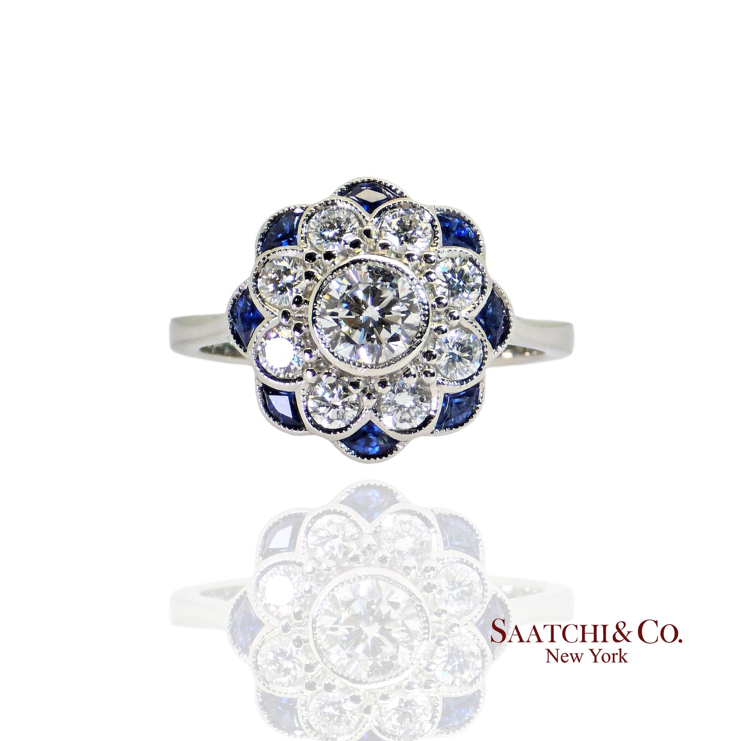 Platinum (950) - Natural 1.08 Ct diamond and 0.55 Ct Blue Sapphire ring, Size 7