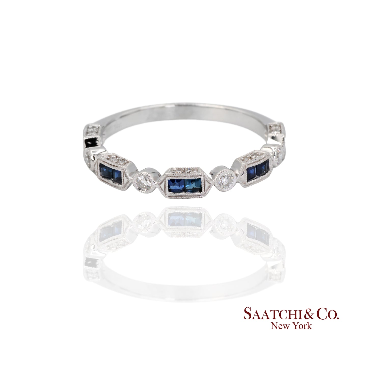 14k (585) White Gold Natural Diamond and Sapphire Band Size 8