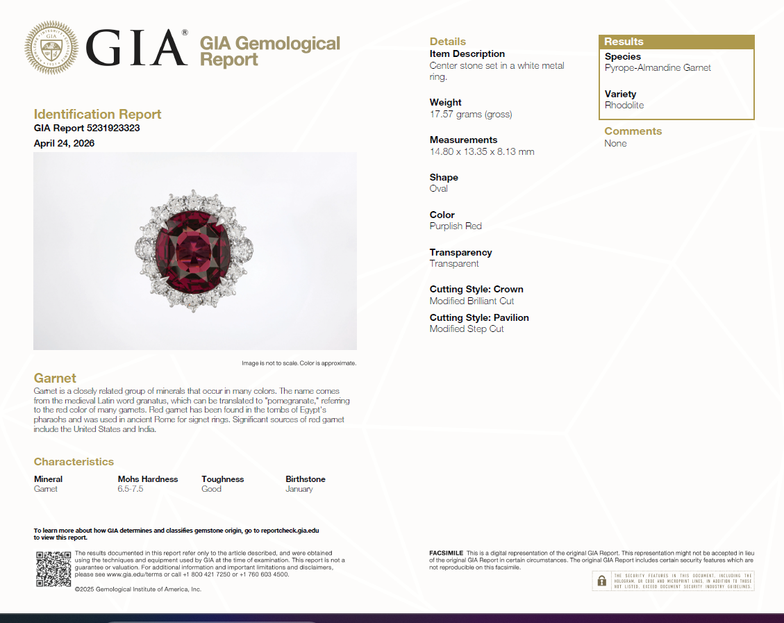 GIA Certified Solid Platinum 900 Natural Diamond and Natural Garnet Ring