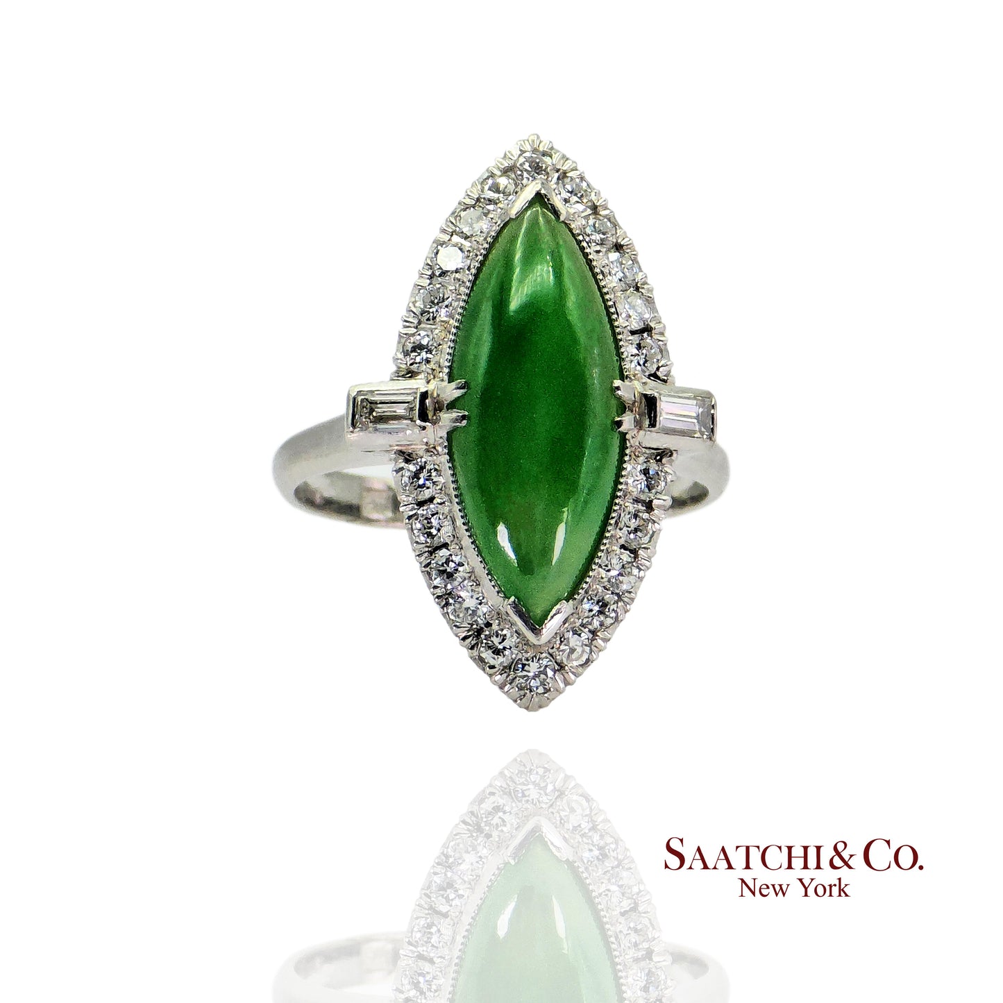 Vintage Platinum (950) - Natural Diamond & Jade: Ring, Size: 6.75