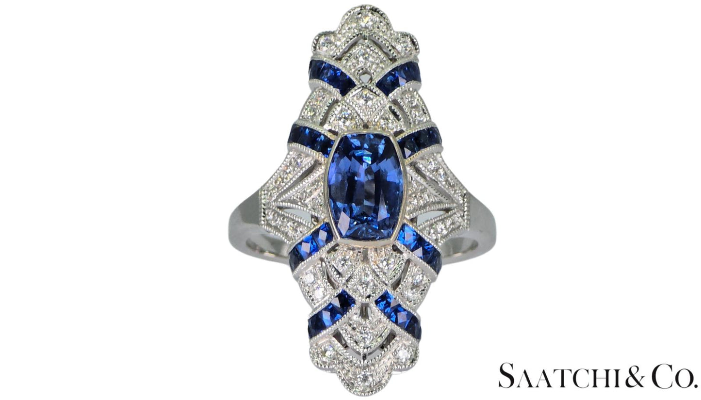 Stunning 18K (750) White Gold - Natural VVS Diamond & Blue Sapphire: Ring