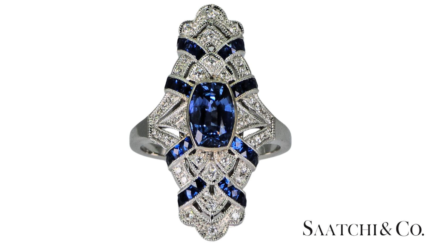 Stunning 18K (750) White Gold - Natural VVS Diamond & Blue Sapphire: Ring