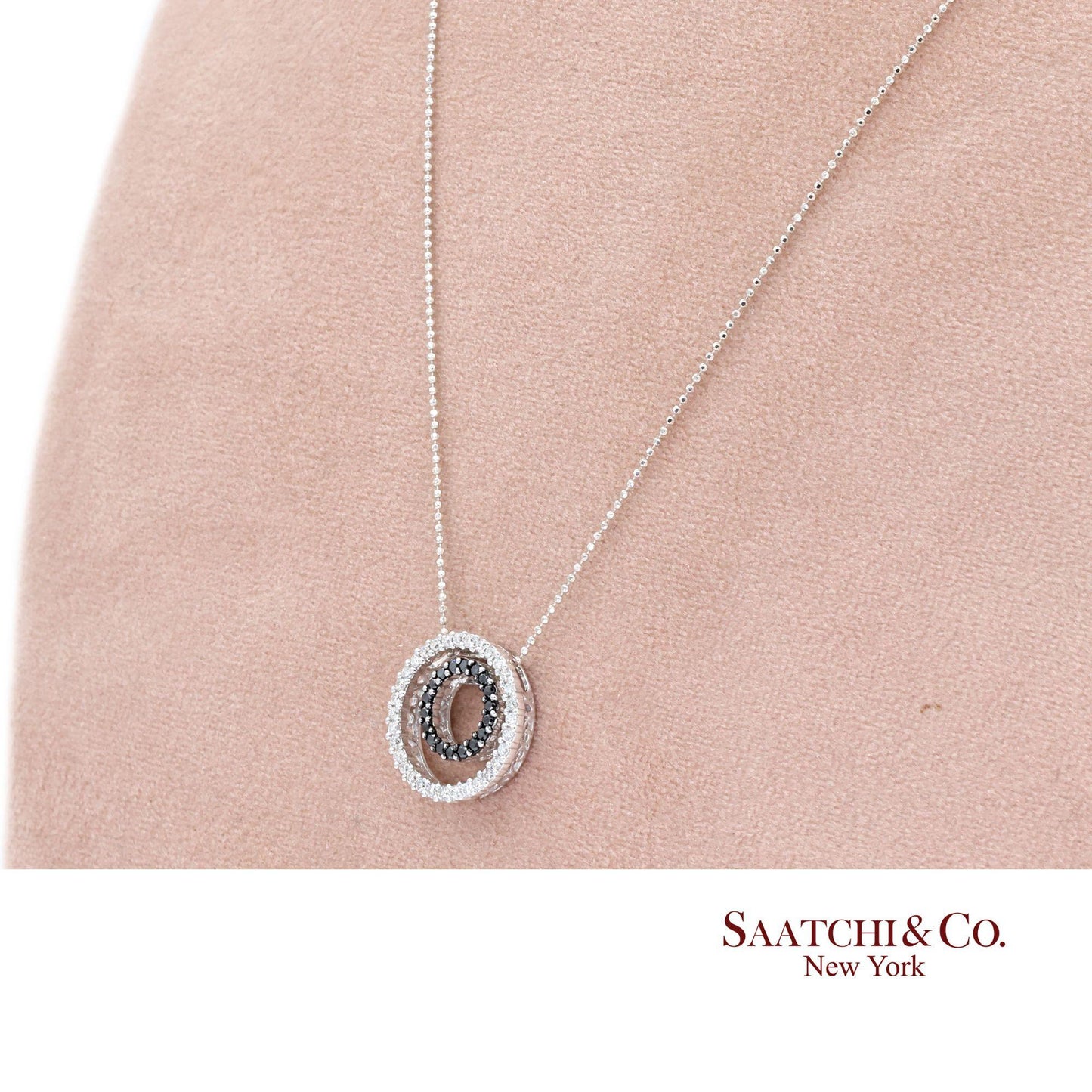 14K (585) White Gold Natural Black & White Diamond Pendant With Chain