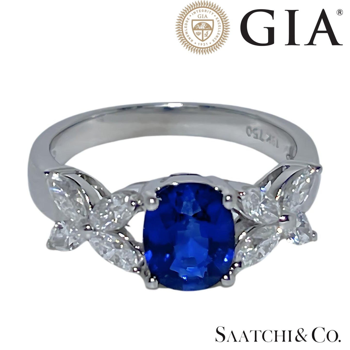 18 K White Gold Diamond - GIA Certified Blue Sapphire Ring
