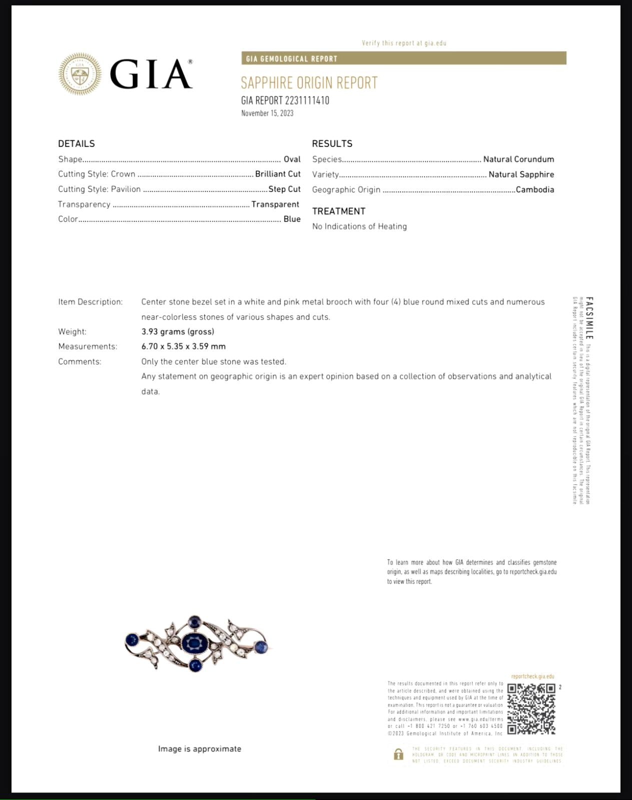 Vintage Natural Sapphire 14K Gold Brooch Pin With Gia Certificate