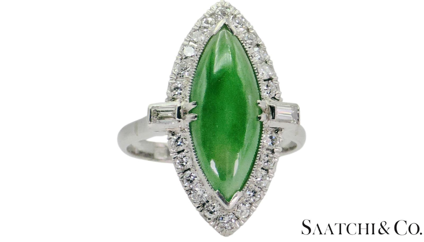 Vintage Platinum (950) - Natural Diamond & Jade: Ring, Size: 6.75