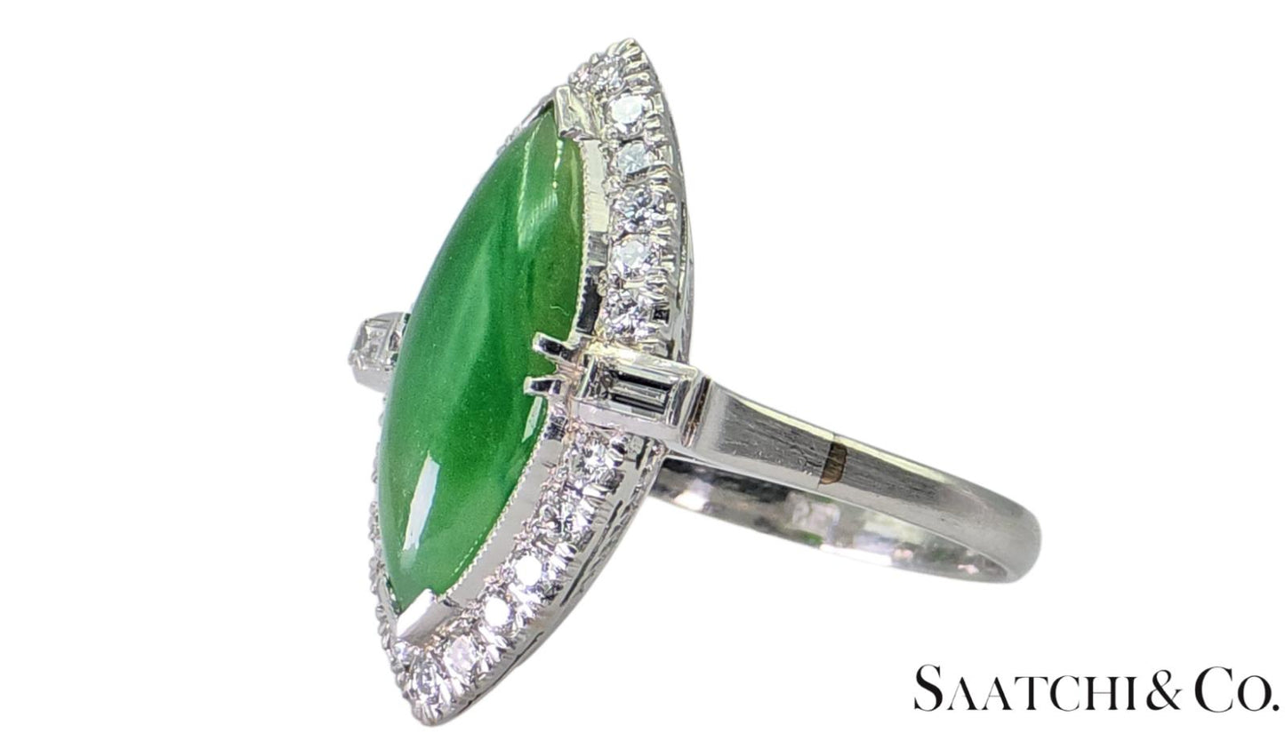 Vintage Platinum (950) - Natural Diamond & Jade: Ring, Size: 6.75