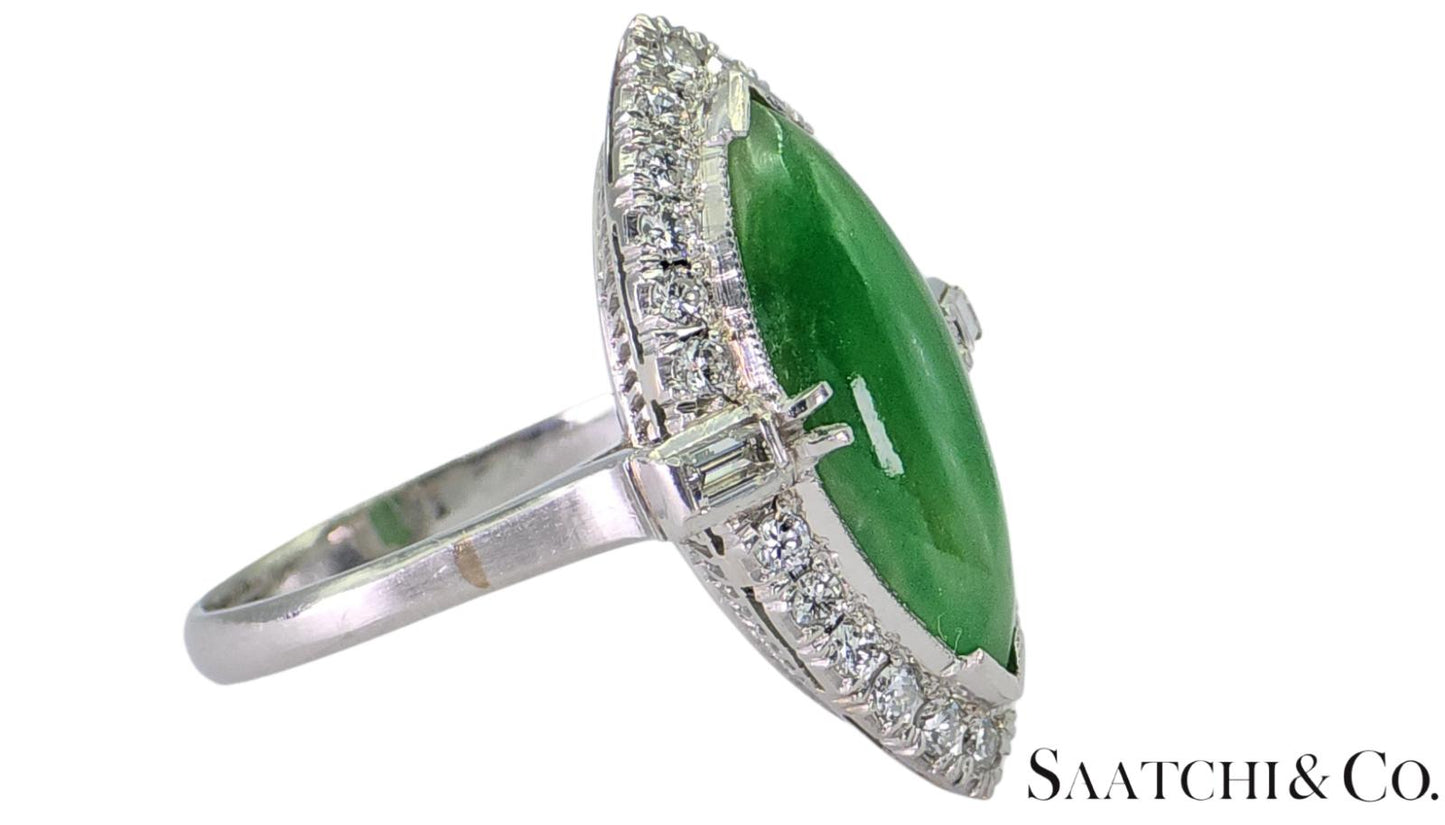 Vintage Platinum (950) - Natural Diamond & Jade: Ring, Size: 6.75