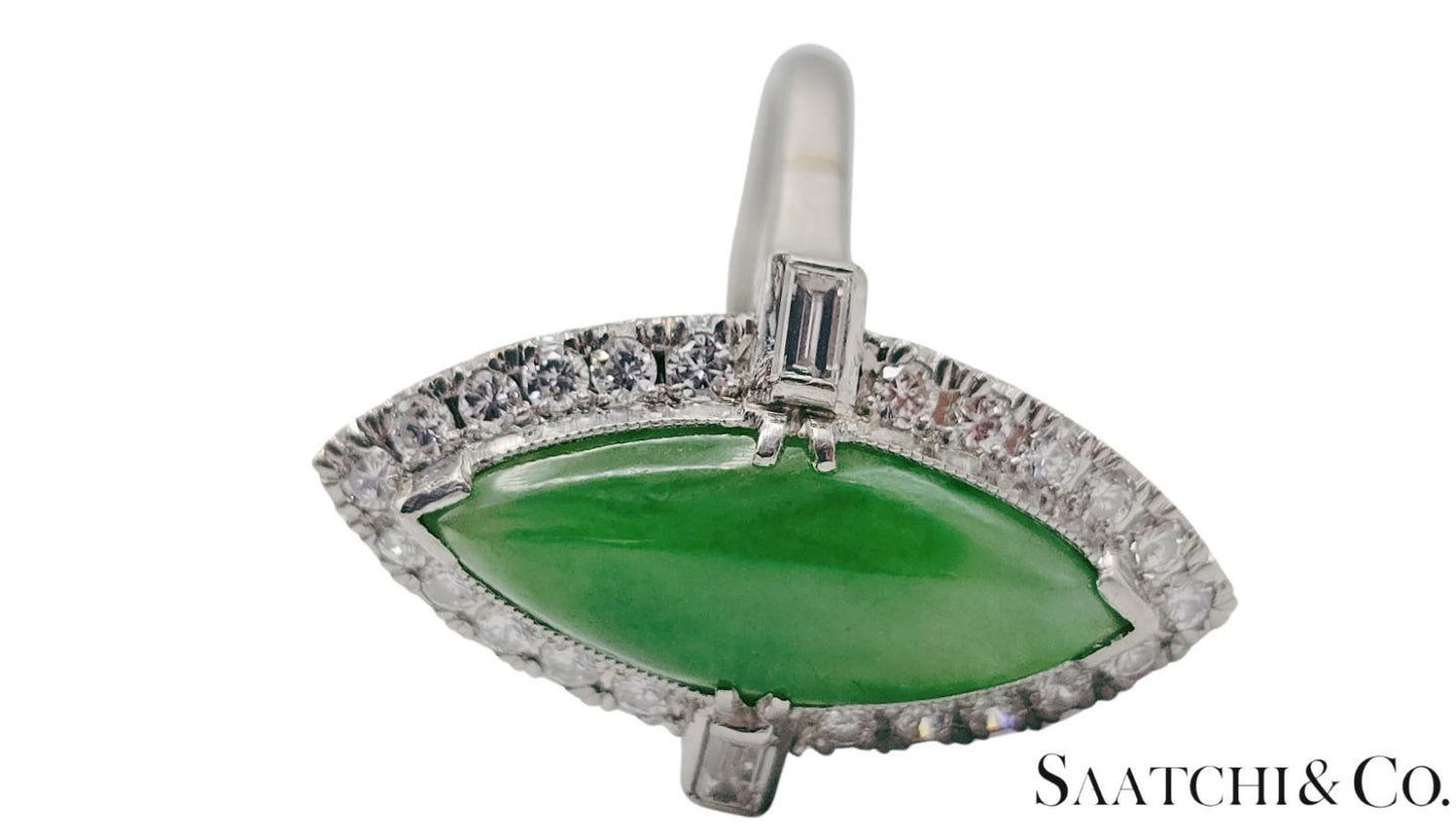 Vintage Platinum (950) - Natural Diamond & Jade: Ring, Size: 6.75
