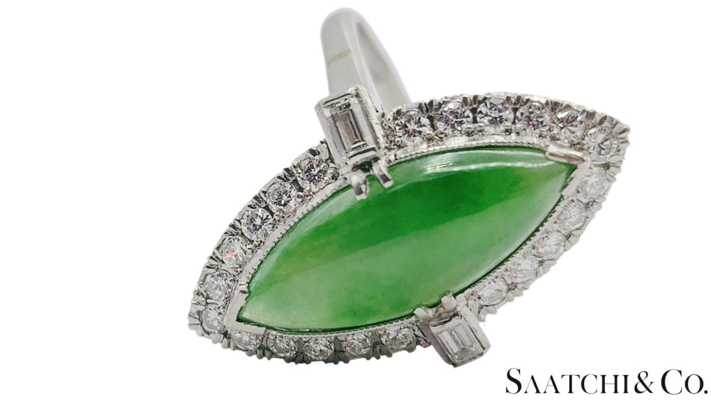 Vintage Platinum (950) - Natural Diamond & Jade: Ring, Size: 6.75