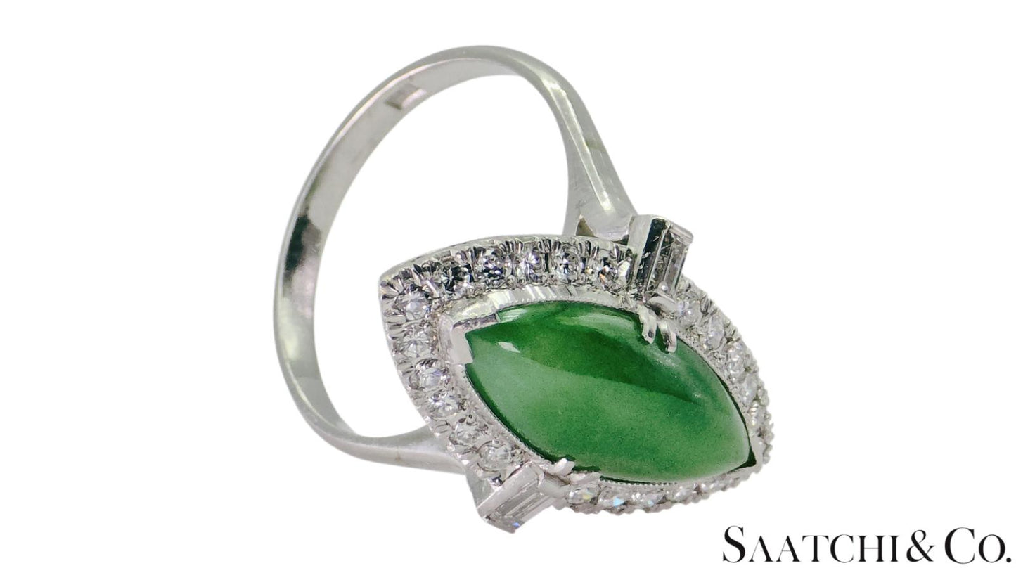 Vintage Platinum (950) - Natural Diamond & Jade: Ring, Size: 6.75
