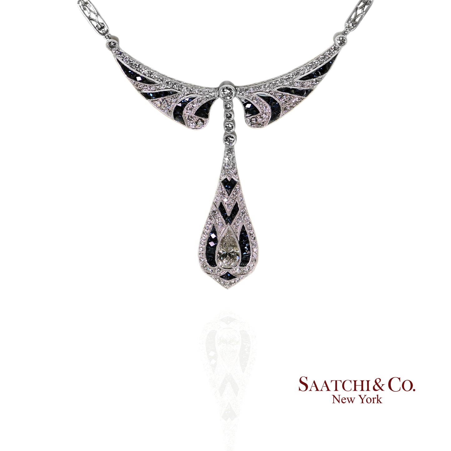 GIA Certified Diamond and Natural Sapphire in Platinum 950 Elegant Necklace