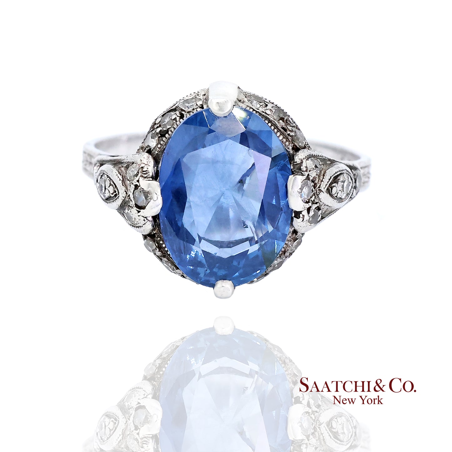 Antique Edwardian platinum mount with No Heat Sapphire and Diamond accents