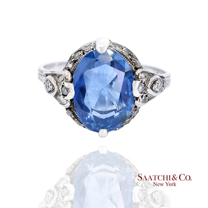 Antique Edwardian platinum mount with No Heat Sapphire and Diamond accents