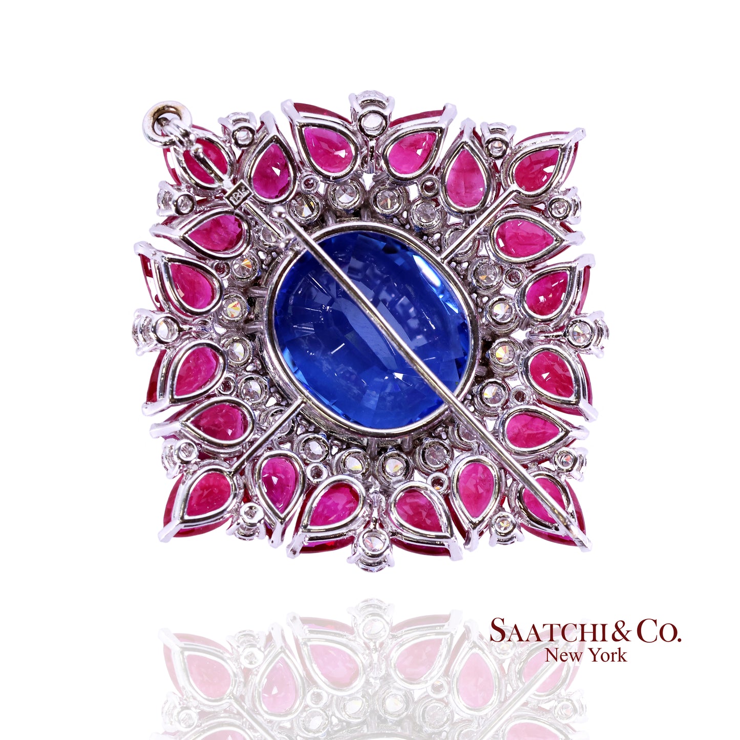 Gubelin Certified 18K White Gold Natural Sapphire  Ruby and Diamond Brooch / Pendant