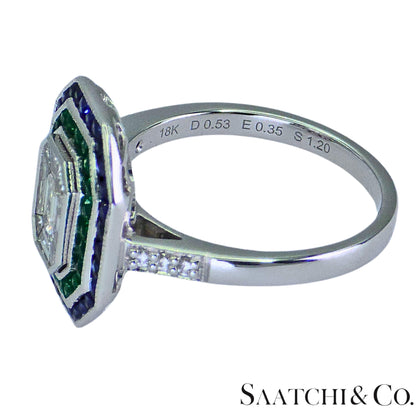 18K (750) Illusion Emerald Shape Natural Round VVS Diamond Sapphire Emerald Ring