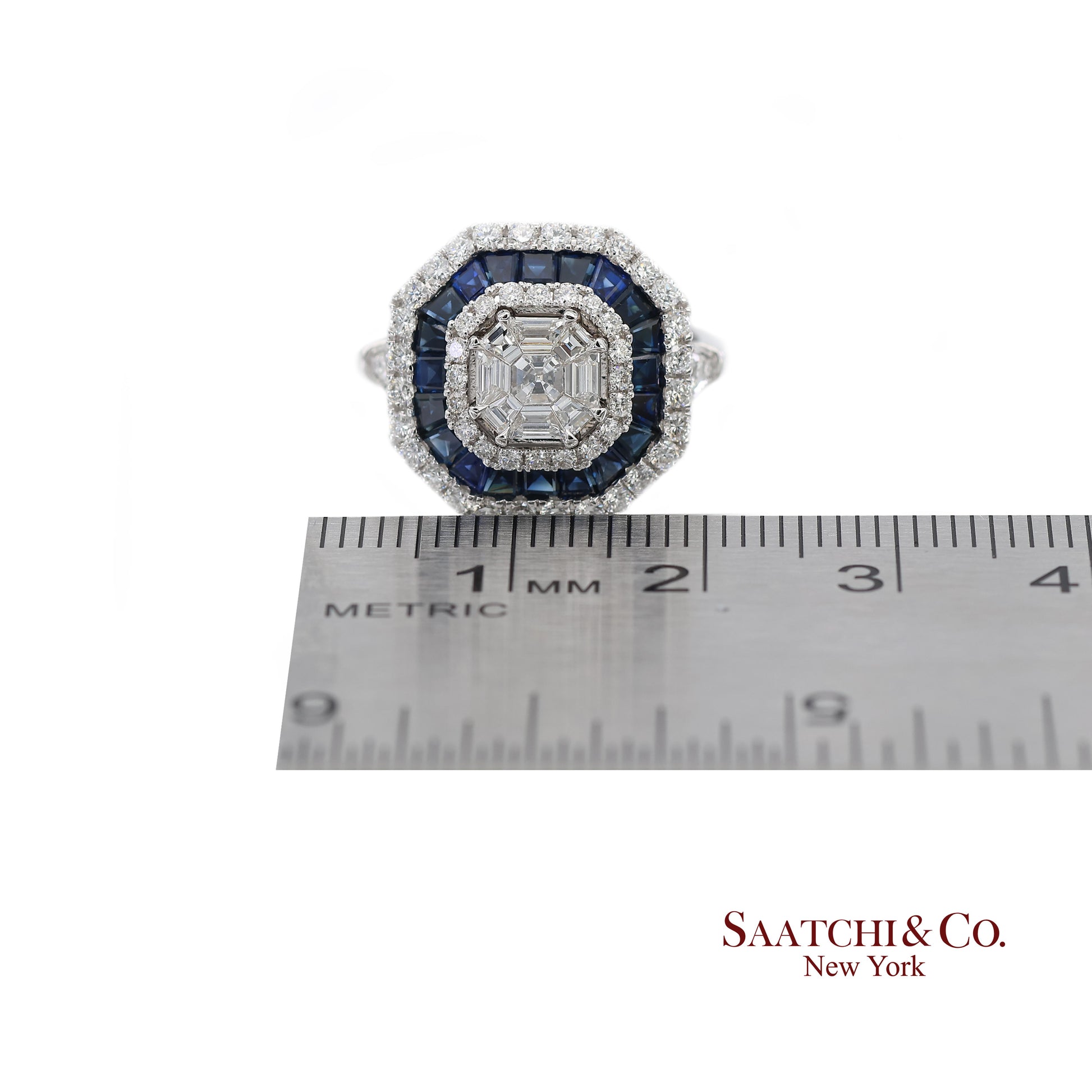 18K(750) White Gold Royal Blue Sapphire and Asscher Pie Cut Natural Diamond Ring
