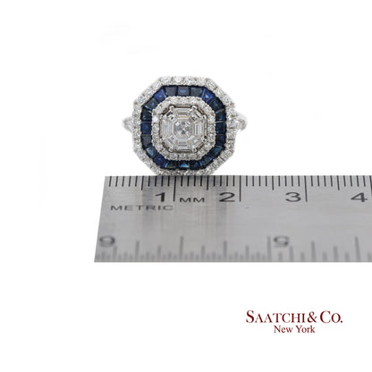 18K(750) White Gold Royal Blue Sapphire and Asscher Pie Cut Natural Diamond Ring