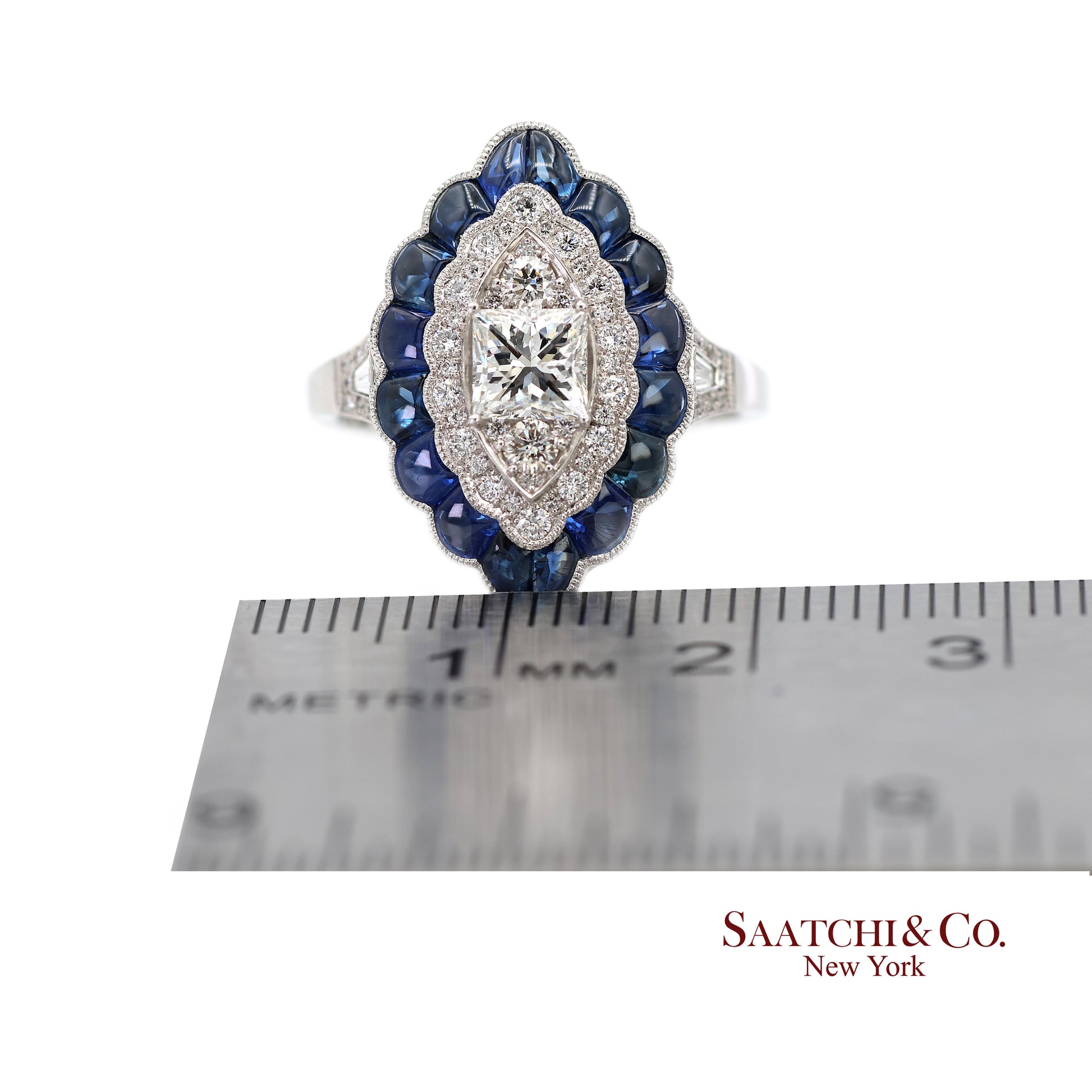 Platinum (950) Natural Diamond and Natural Sapphire Milgrain Ring