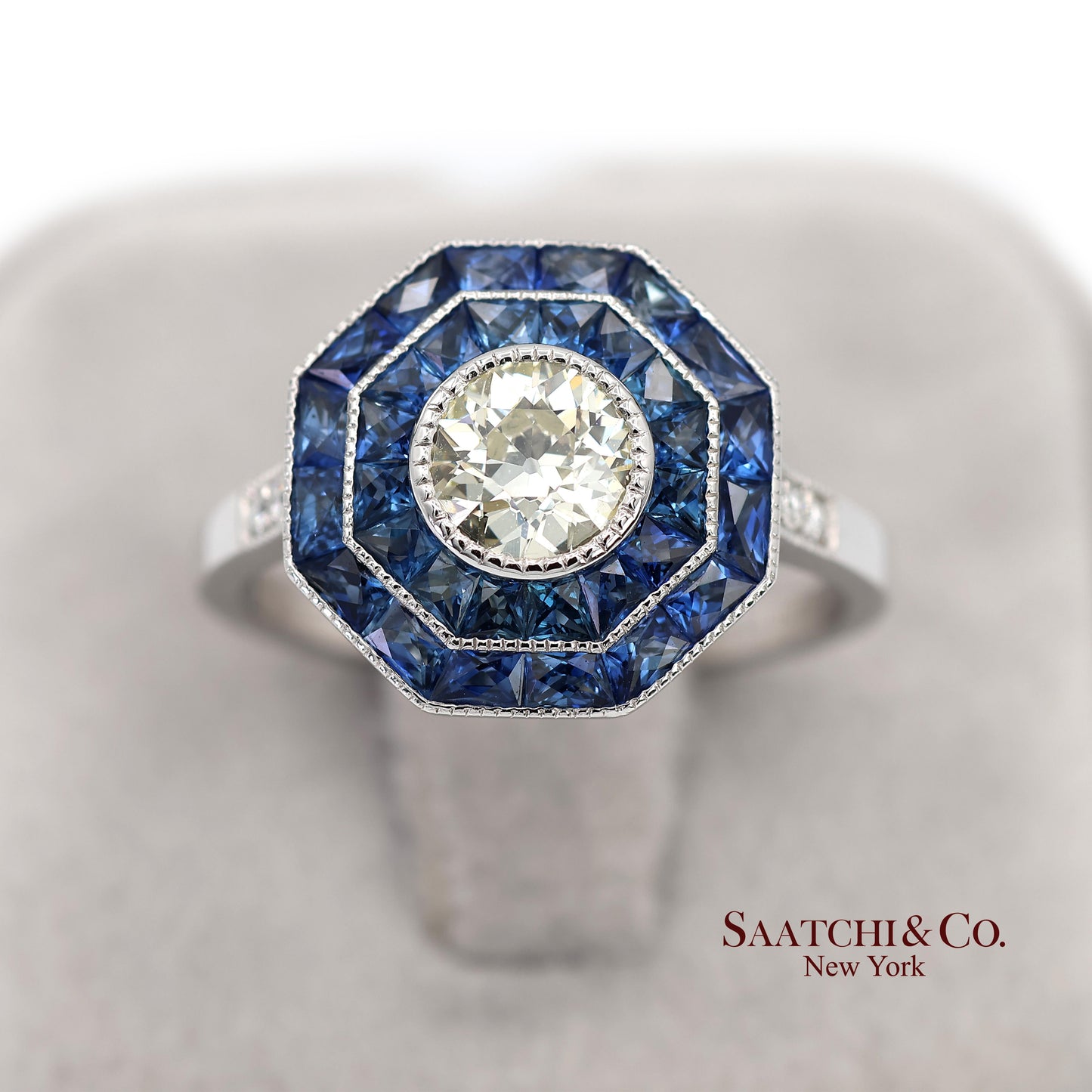 Platinum 950 Natural Diamond and Natural Sapphire Milgrain Ring