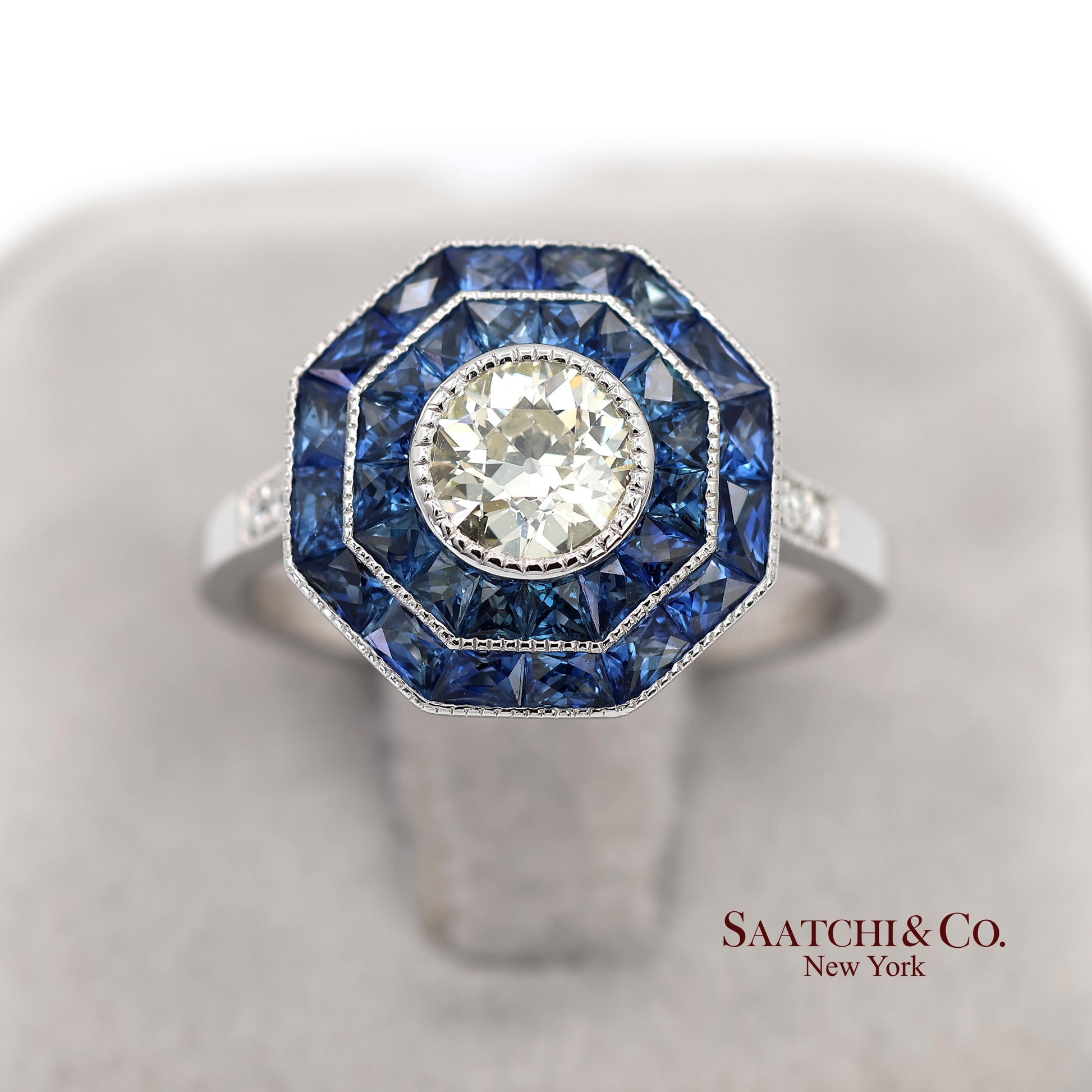 Platinum 950 Natural Diamond and Natural Sapphire Milgrain Ring