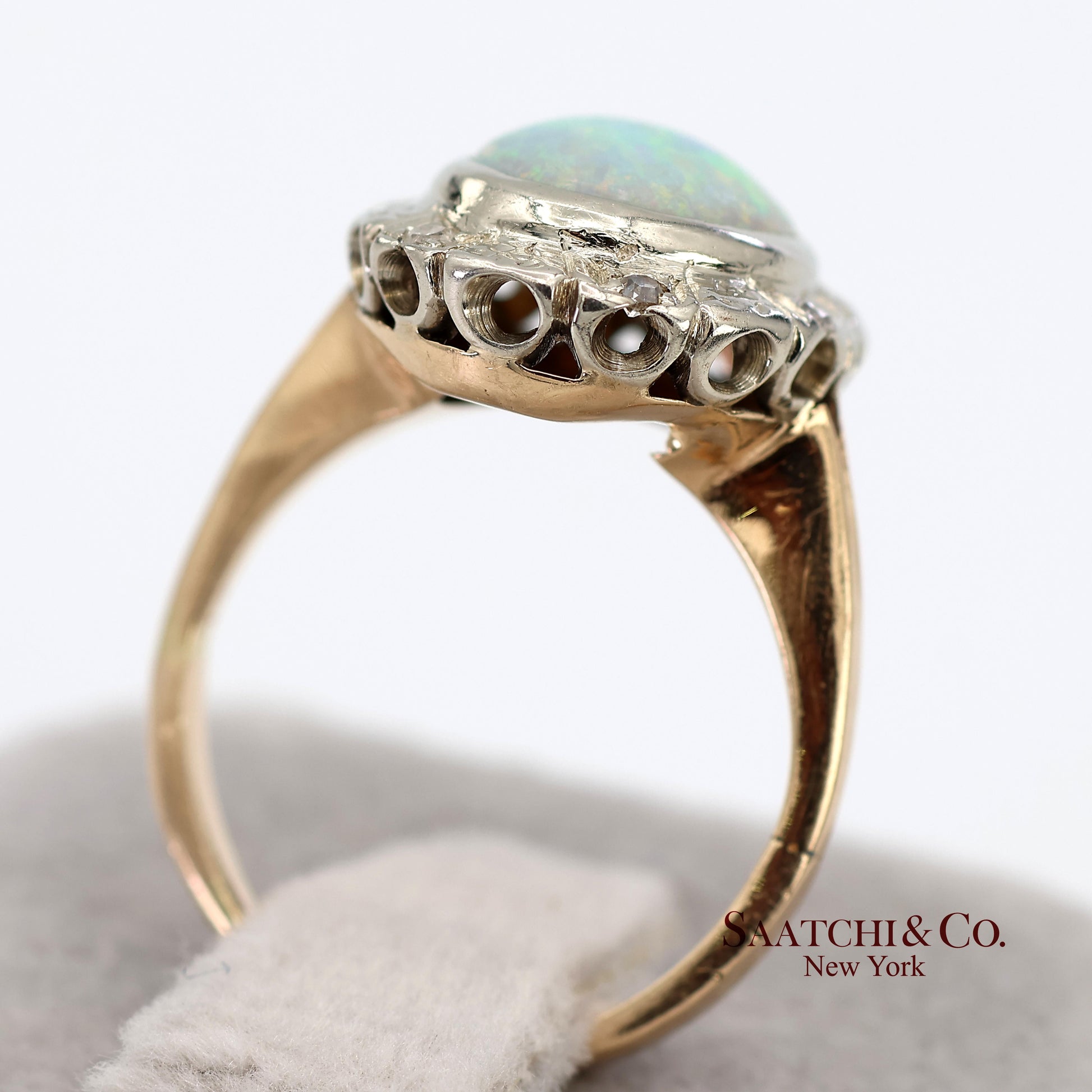 14K White and Yellow Gold Vintage Natural Diamond and Natural Opal Ring