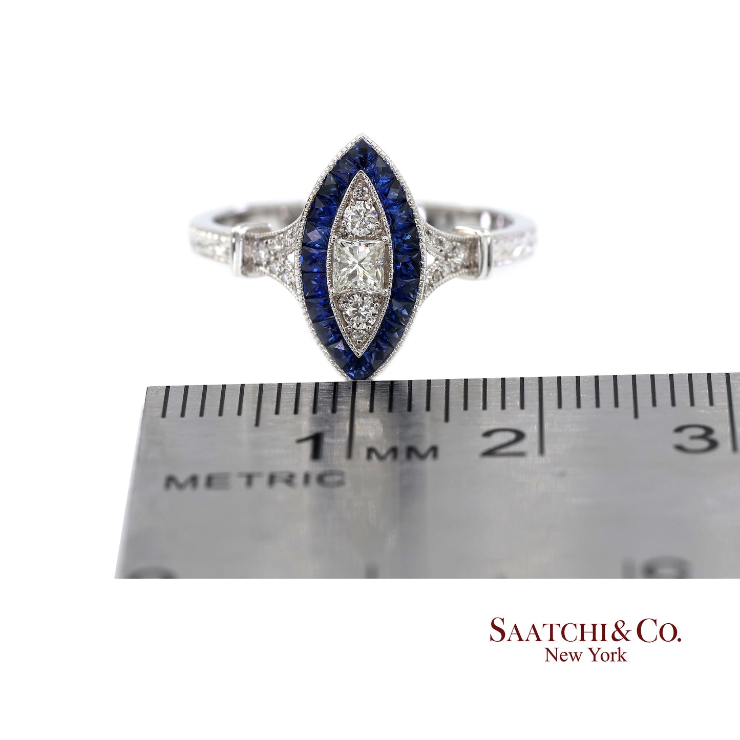 18K (750) White Gold Natural Diamond and Sapphire Marquise Milgrain Ring