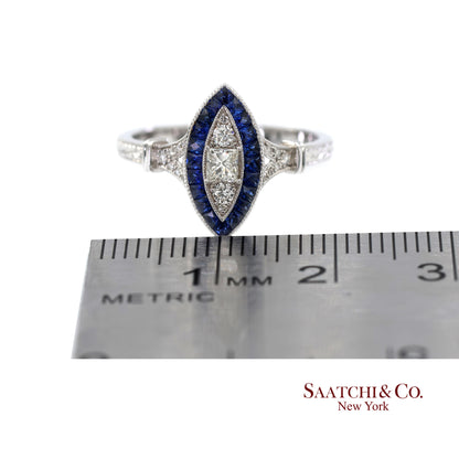18K (750) White Gold Natural Diamond and Sapphire Marquise Milgrain Ring