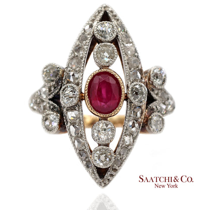 Vintage 14K(585) Yellow and White Gold Natural Diamond and Ruby Ring