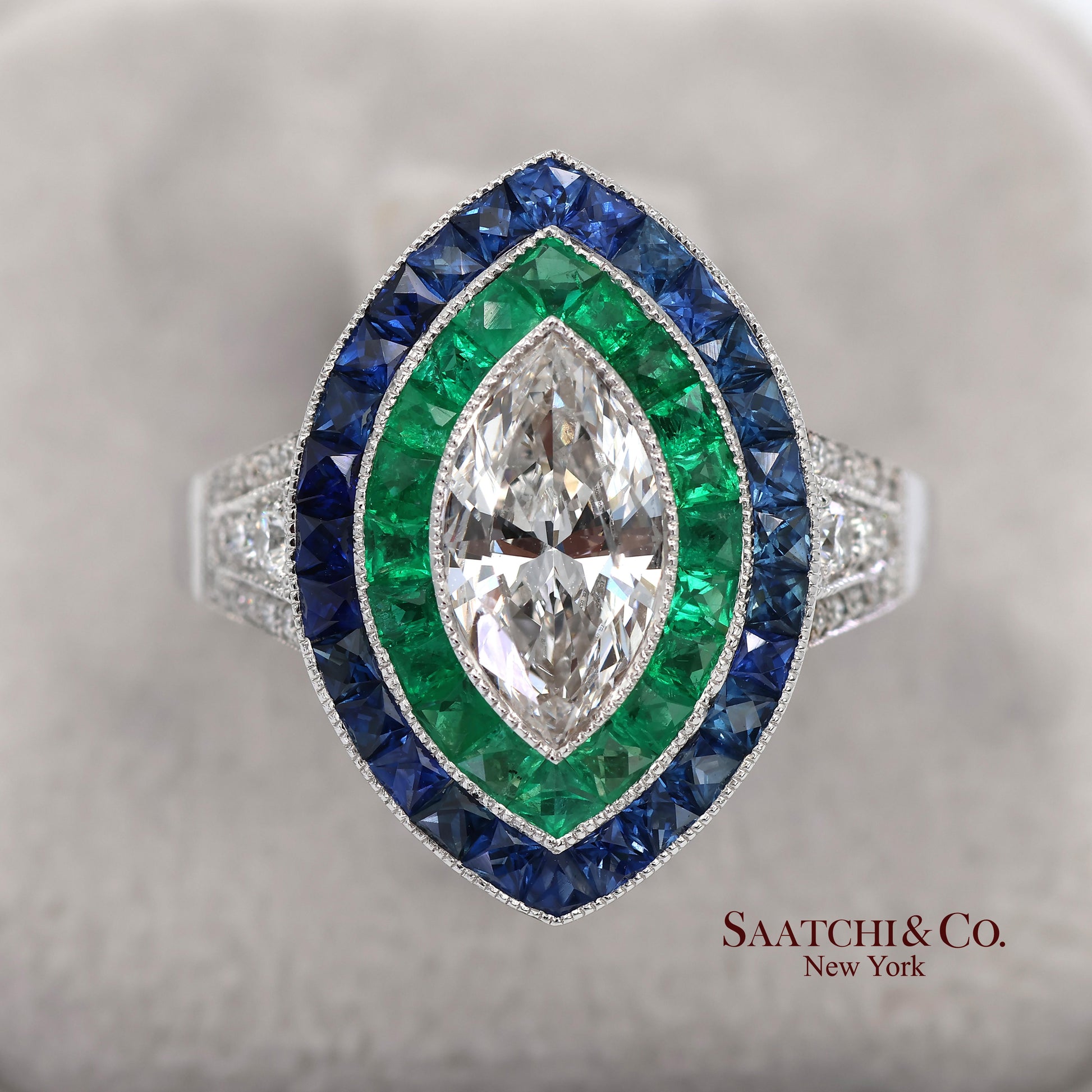 GIA_18K 750 Solid White Gold Natural Diamond Emerald and Sapphire Milgrain Ring