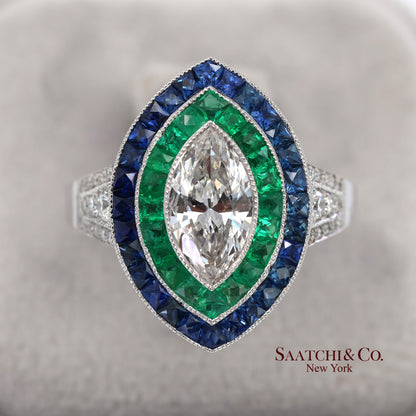 GIA_18K 750 Solid White Gold Natural Diamond Emerald and Sapphire Milgrain Ring