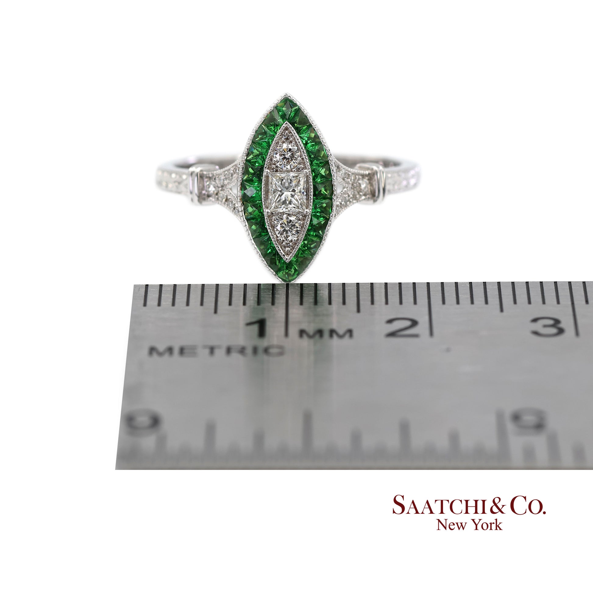18K (750) White Gold Natural Diamond and Tsavorite Marquise Milgrain Ring