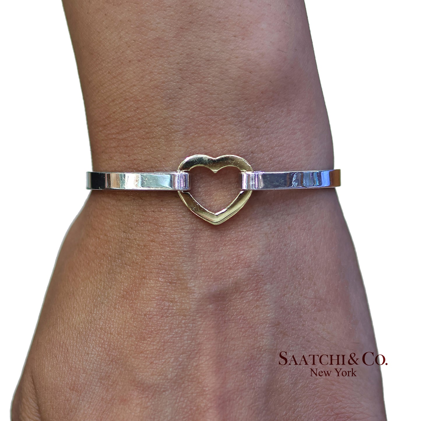 18K(750) Yellow Gold and Tiffany & Co 925 Sterling Silver Heart Bangle Bracelet