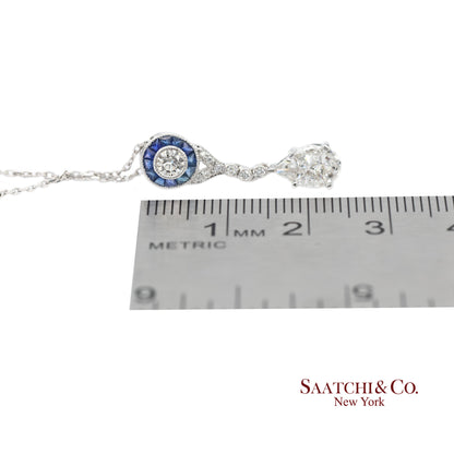 18K White Gold Natural Diamond and Pie Cut Sapphire Pendant with 14K Gold Chain
