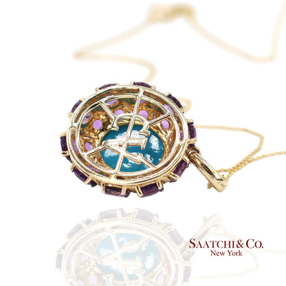 14K Yellow Gold Carlo Viani Turquoise and Amethyst Pendant Necklace with Chain