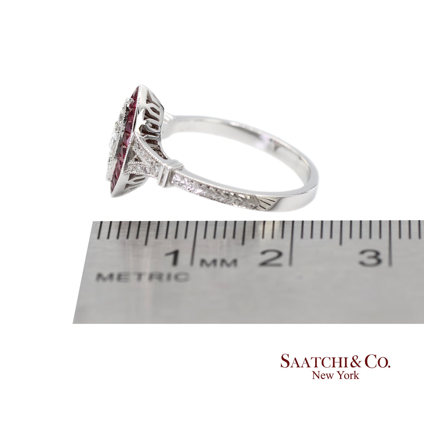 18K (750) White Gold Natural Diamond and Marquise Ruby Milgrain Ring