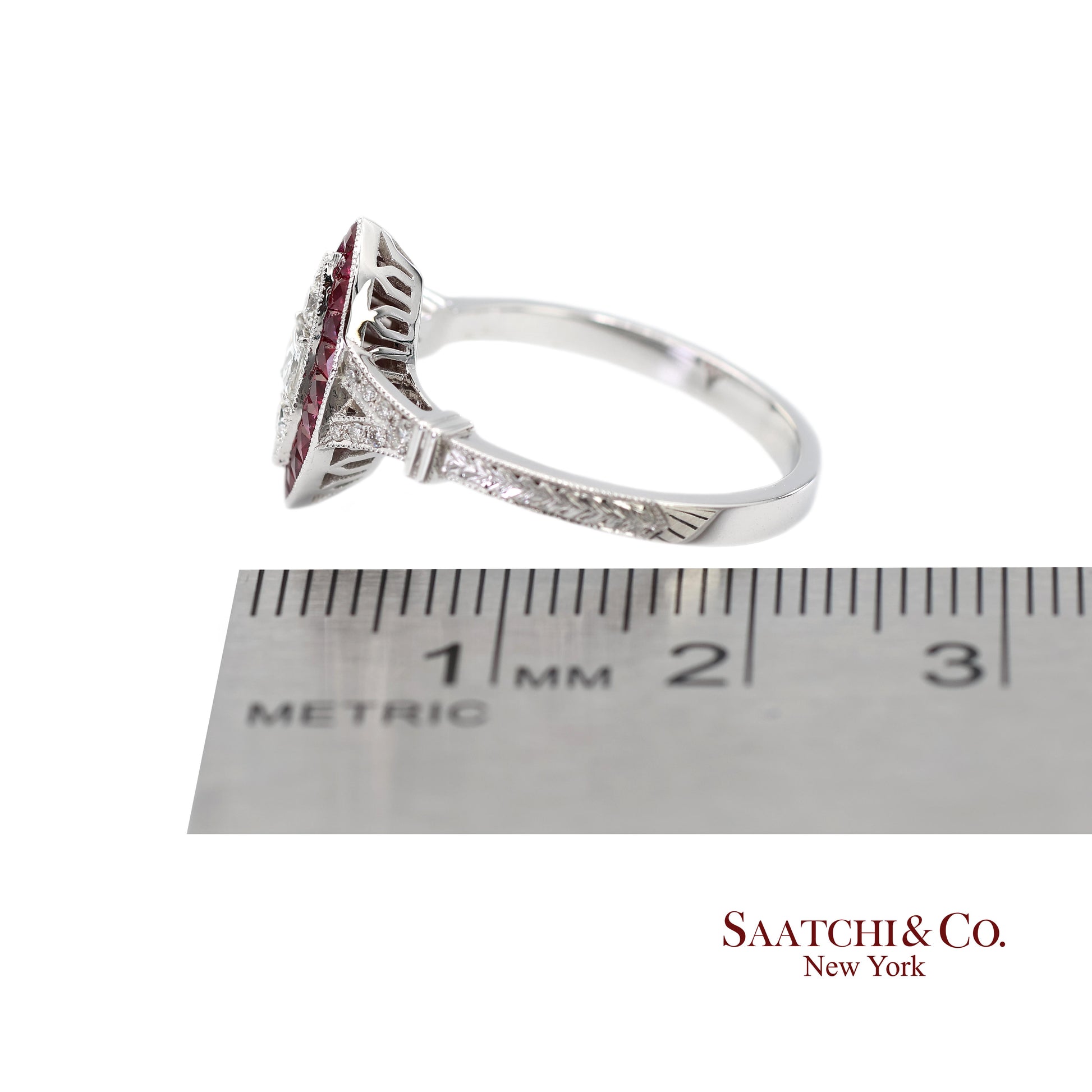 18K (750) White Gold Natural Diamond and Marquise Ruby Milgrain Ring