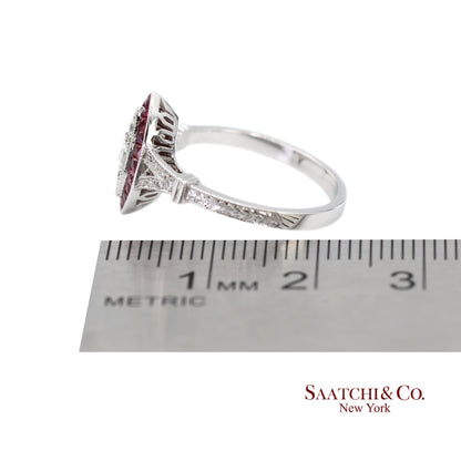 18K (750) White Gold Natural Diamond and Marquise Ruby Milgrain Ring
