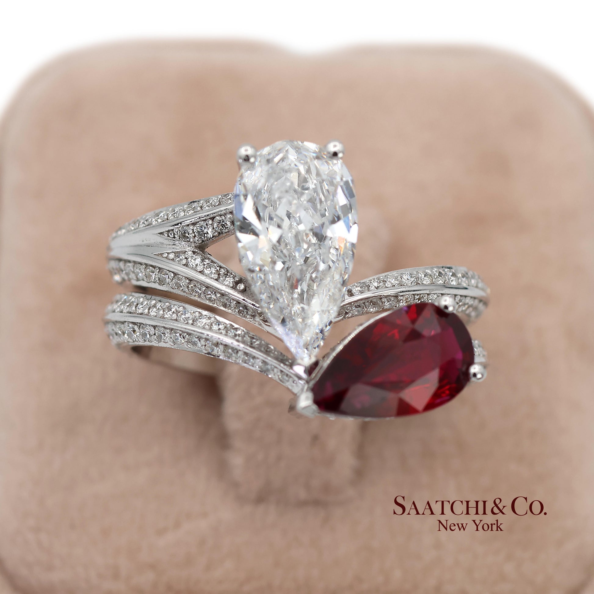 18K(750) Solid White Gold Natural Diamond and Ruby Toi et Moi Ring