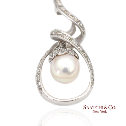 18K (750) White Gold Natural Diamond and White Pearl Pendant Necklace