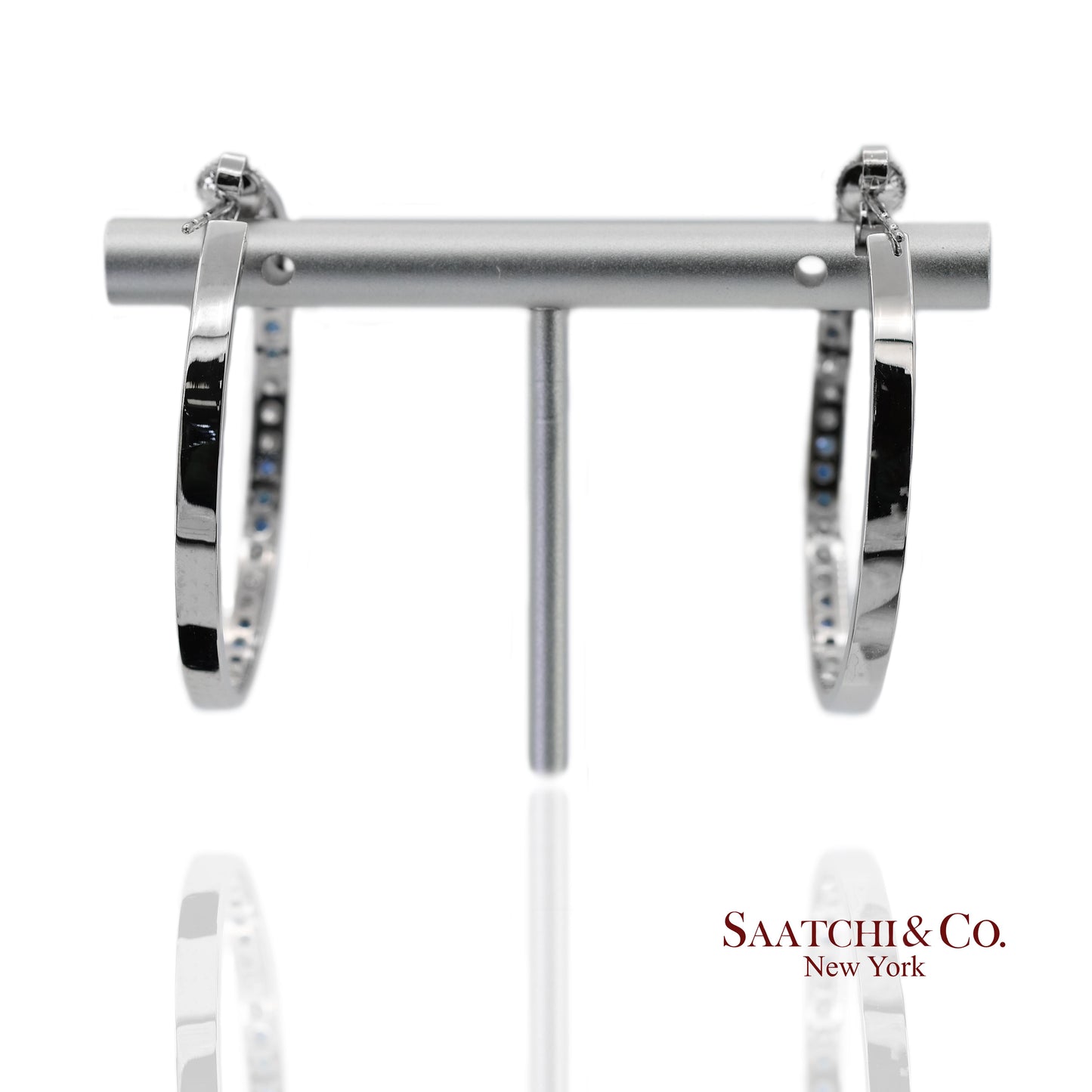 18K(750) Solid White Gold Natural Diamond and Sapphire Hoops Earrings