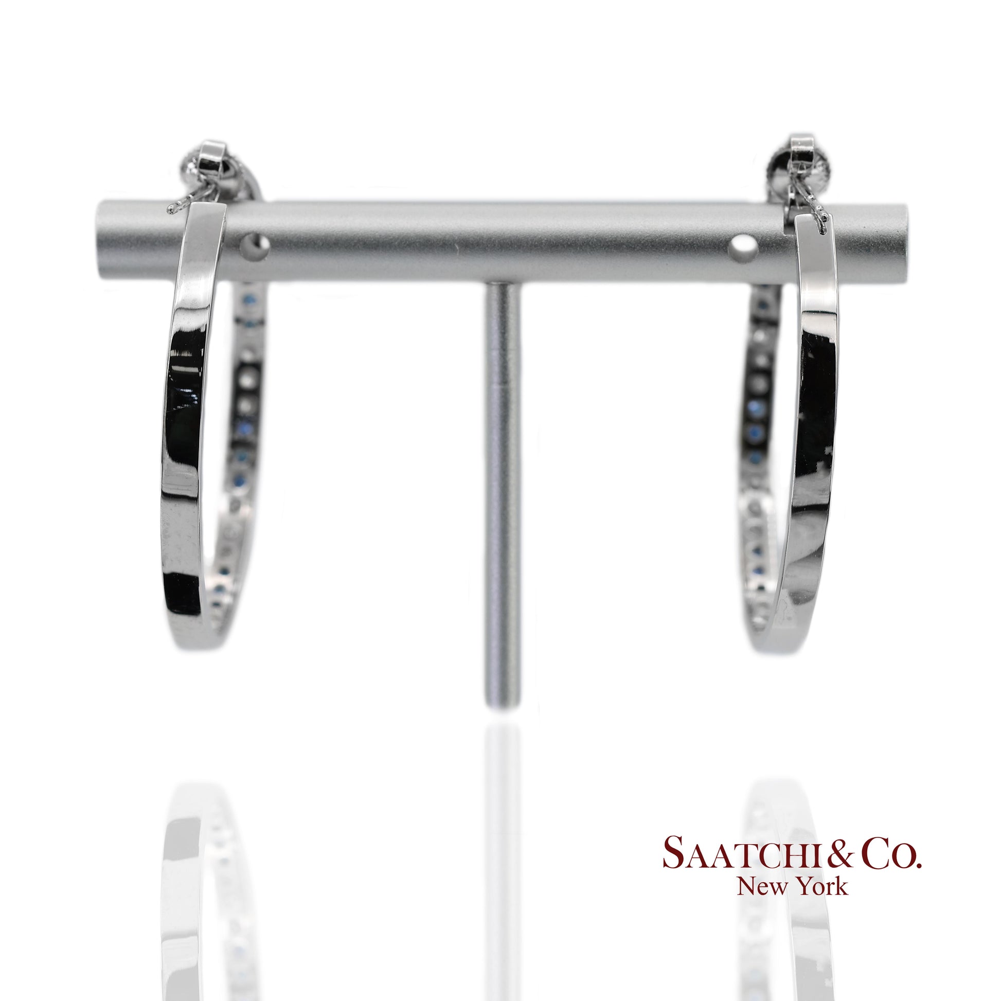 18K(750) Solid White Gold Natural Diamond and Sapphire Hoops Earrings
