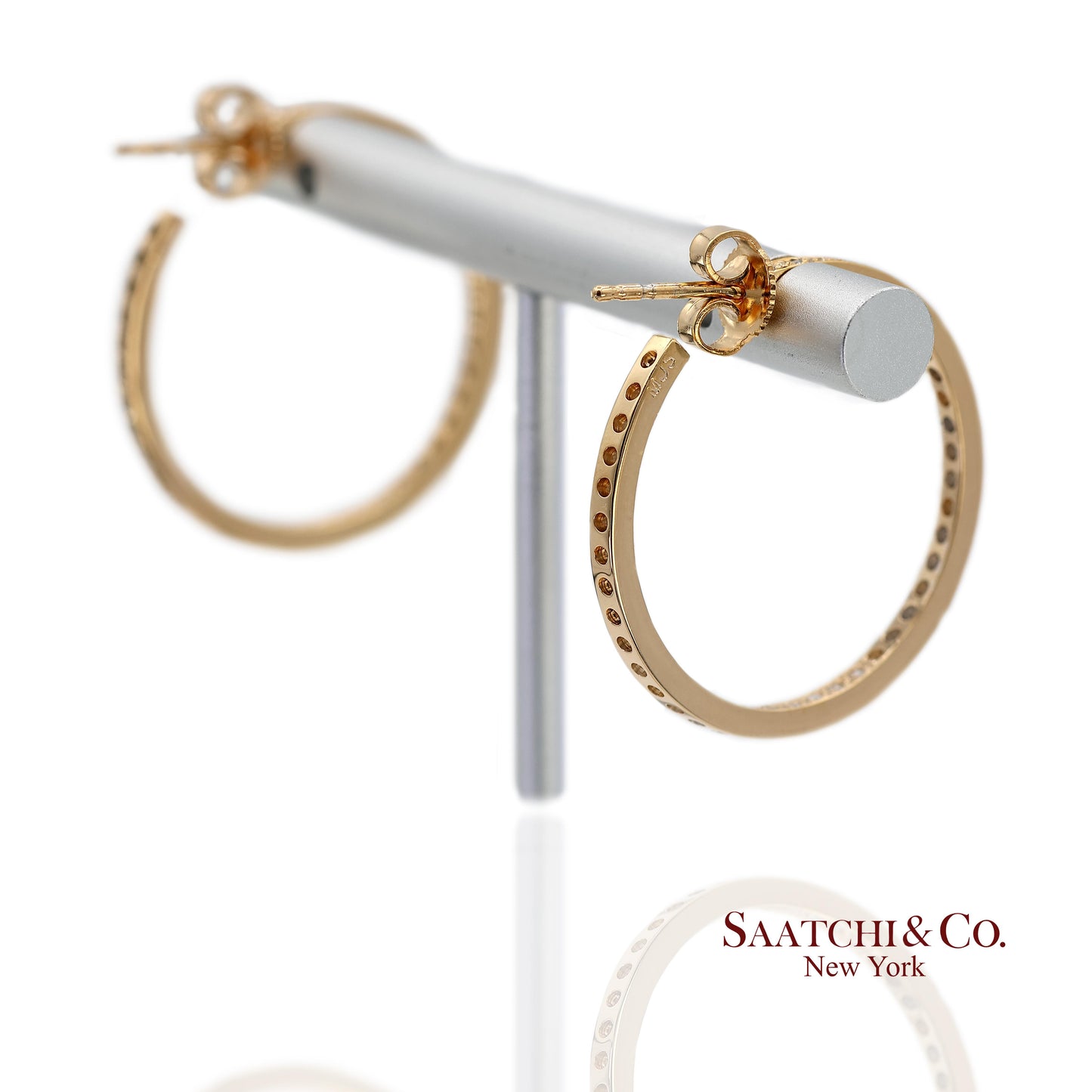 18K(750) Solid Yellow Gold In and Out Natural Diamond Hoop Earrings